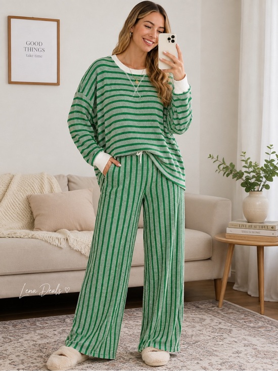 Zenana Outfitters Pants - Zenana Raised Rib Striped Pullover & Wide Leg Pants Set Women’s Kelly Green